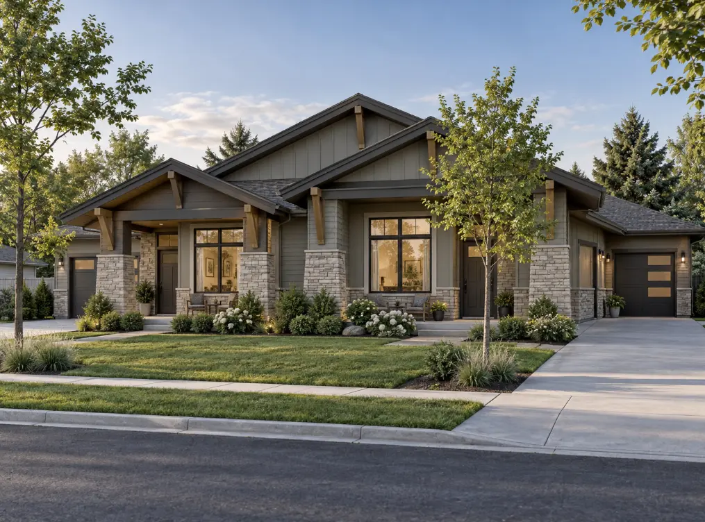Modern one-level duplex in a residential neighborhood